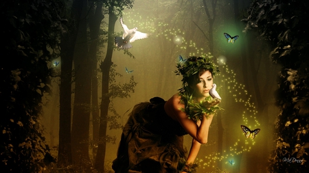 Woman in the Forest - beautiful girl, butterflies, sparkles, forest, magical, light, firefox persona, doves, fantasy, glowing, lady, bright, woman, peaceful, woods