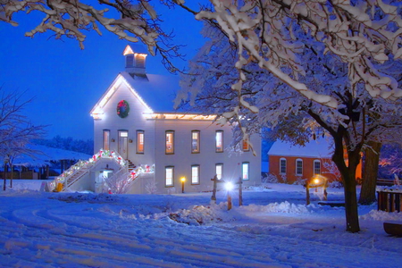 Little Christmas church - christmas, winter, lights, snow, night, country, tree