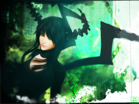 Dead Master - anime, anime girl, female, realistic, green background, dead master, girl, green eyes, cg, black rock shooter, black hair, games, video games, brs