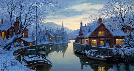 Winter landscape - house, paint, winter, water, evening, landscape, city, boats, nature, lights, painting, canal