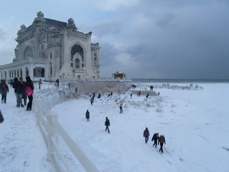 Romania Constanta Casino - winter, people, romania, snow, constanta, sea, casino, ice, white, iarna