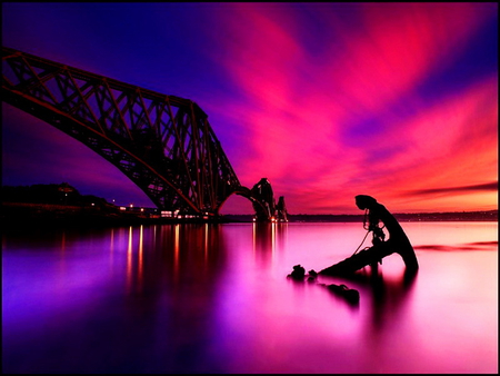 Anchor in the sea - calm, clouds, water, sea, colors, anchor, ocean, reflection, colorful, nature, purple, red, peaceful, sky, bridge