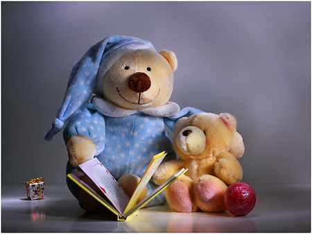 Bedtime story - read, night cap, teddy bears, book, toys, baby