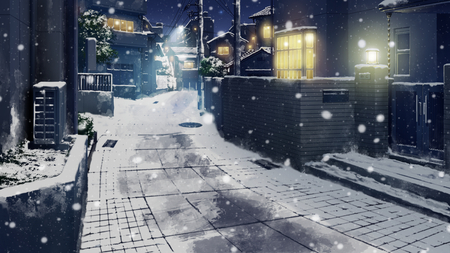 Winter City - house, cg, anime, winter, snow, night, building