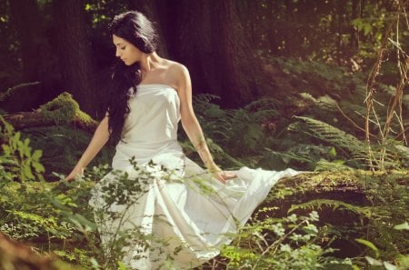 Delicate beauty - white dress, delicate, nature, sweet girl, beauty, forest, lovely girl, hair