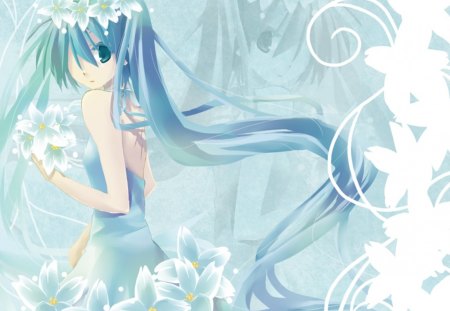 Hatsune Miku - pretty, artistic, twin tail, flowers, stunning, nice, program, beauty, virtual, shadow, petals, bouquet, cg, white, cute, aqua eyes, song, vocaloid, anime, blue, amazing, twintail, dress, hatsune miku, reflection, music, aqua, art, idol, anime girl, beautiful, singer, girl, cool, black, miku, awesome, diva, digital, aqua hair, hatsune, vocaloids