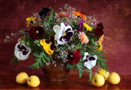 Sweet still life - bouquet, flowers, still life, apples, fruit