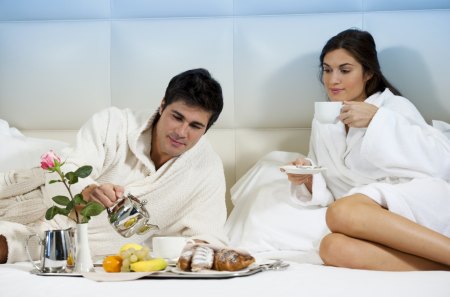 I dream to have breakfast in bed with you - woman, bed, people, delicious, wonderful, white, forever, breakfast, lovers, man, love, two, relationship, precious, together, happiness, happy