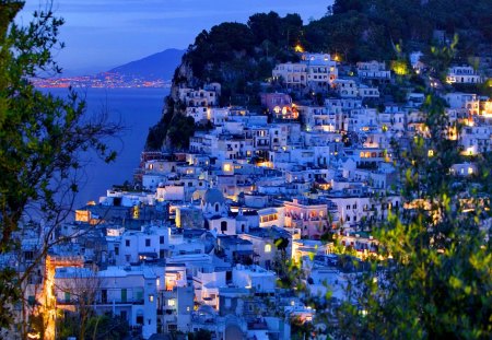 Capri island - summer, town, beautiful, evening, slope, island, city, mountain, village, capri, cascade, lights, dusk, houses, sky