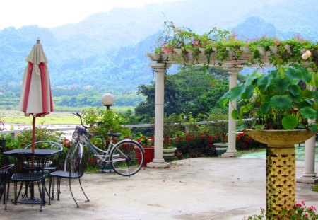 Villa Garden - flower shelf, garden, mountain, villa