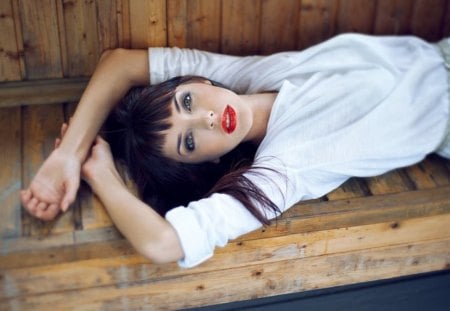 Lovely girl with red lips - face, green eyes, girl, red lips, white dress, cute