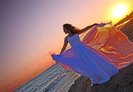 Spread your wings - water, beach, sunshine, angel, ocean, sand, white dress, fly away, scarf, lady, wings, sun