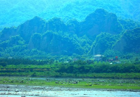 Distant mountains - house, riverbed, forest, distant mountains