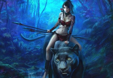 Panther Rider - forest, dark, girl, jungle, rider, panther