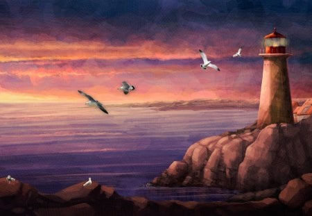 The Lighthouse Sunset - birds, scenery, beach, evening, freedom, pink, sea gulls, shore, fly, twilight, safety, sky, sun, clouds, house, paint, lighthouse, vacation, sea, ocean, boats, watercolor, awesome, painting, rocks