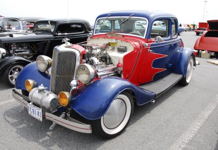 1934 Ford - car show, open engine, blue, classic