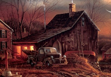 Harvest Home - warm, chimney, house, home, truck, fall, sunset, autumn, painting, barn, smoke, country, pick up, sky