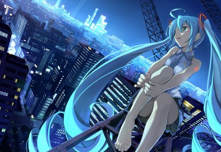 Hatsune Miku - sitting, aqua, hot, thigh highs, music, thighhighs, anime girl, white, amazing, art, cool, city lights, shorts, aqua eyes, artistic, hatsune miku, construction, sexy, song, stunning, buildings, skyscrapers, vocaloids, program, vocaloid, beautiful, uniform, diva, beauty, nice, sky, night sky, twintail, singer, aqua hair, black, virtual, pretty, idol, anime, miku, cute, twin tail, girl, twintails, night, cg, hatsune, blue, awesome, digital, outfit, lights