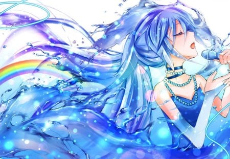 Hatsune Miku - aqua, hot, music, anime girl, white, art, amazing, cool, aqua eyes, artistic, hatsune miku, sexy, rainbow, song, stunning, vocaloids, program, vocaloid, beautiful, diva, dress, beauty, nice, water, twintail, singer, aqua hair, black, virtual, pretty, idol, anime, miku, cute, twin tail, sparkles, girl, closed eyes, cg, hatsune, microphone, blue, singing, awesome, digital