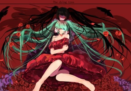 The dying tree - hatsune miku, vocaloid, red, anime, flowers