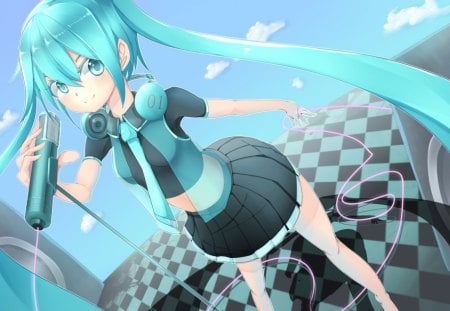 Hatsune Miku - aqua, hot, thigh highs, stage, music, thighhighs, anime girl, white, amazing, art, cool, aqua eyes, checkered, artistic, hatsune miku, sexy, skirt, song, stunning, vocaloids, program, vocaloid, beautiful, uniform, diva, beauty, nice, sky, twintail, singer, blue sky, aqua hair, black, bass, virtual, pretty, clouds, idol, white clouds, anime, miku, cute, twin tail, girl, cg, hatsune, microphone, blue, singing, tie, awesome, digital, outfit