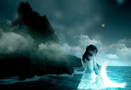 Goddess of the Moon - moon, girl, water, blue