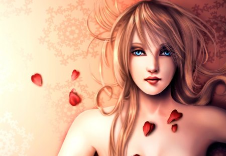 A lovely Girl - cg, rose, petals, lovely, girl