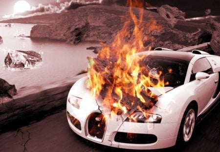 Stones' Rain - beach, smart aleck, sea, stones, car, fire, rain, mountains, wahab hameed