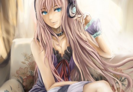 Anime girl - manga, anime, headphones, girl, long hair, pink, blue eyes