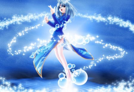 Anime girl - beauty, aqua, girl, music, song, water, bubbles, blue, anime, dress, manga, drops