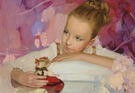 Little beauty - little girl, stare, painting, thoughts, beauty, face, lovely girl, statue