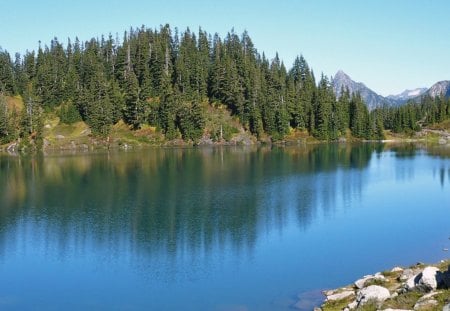 Twin Lakes - forest, rock, water, daylight, blue, lake, sky, montain, reflection, trees, nature, day