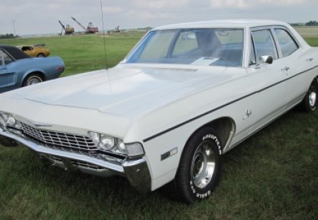 1968 Chevrolet 307 in the car show - black, grass, blue, white, tire, chevrolet, car, photography, green