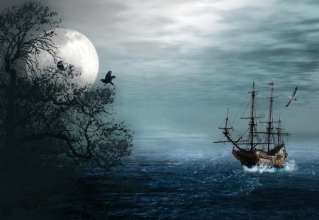 Haunting Night at Sea - birds, raven, evening, night, seagulls, sail, sea gulls, crow, mist, sky, clouds, water, fog, ship, haunting, sea, gothic, ocean, tree, goth, sailing ship, full moon