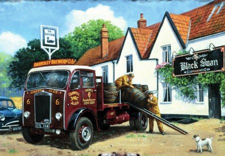 OFFLOAD AT BLACK SWAN INN - english towns, vehicles, vintage, artwork, cars, kevin walsh, pubs, trucks