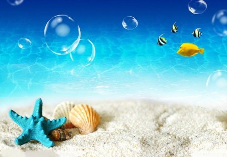 Summer - fun, beach, yellow fish, water, shells, summer, bubbles, starfish, sea shells, star fish, fishes, blue, fish, sand