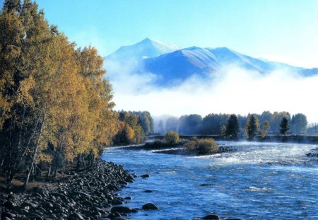 River Mountain - sky, trees, mountain, daylight, day, water, nature, forest, river, fog