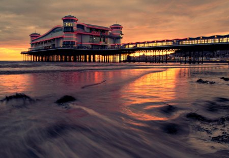 Beautiful View - town, beach, splendor, reflection, view, hotel, houses, sky, sun, clouds, house, water, beautiful, sea, city, beauty, colors, lovely, architecture, ocean, buildings, stones, pier, colorful, nature, sunset, lights, waves, peaceful, building