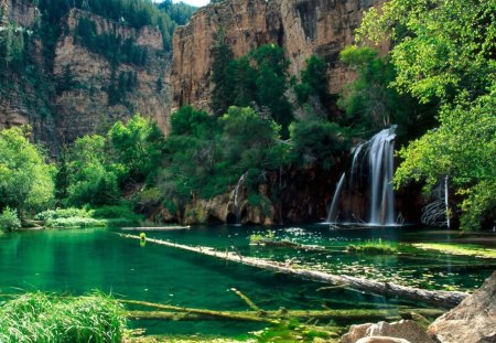 Hanging Lake, Glenwood Cayon, Colorado - lake, sky, mountain, falls, logs, day, daylight, water, waterfalls, nature, green, grass