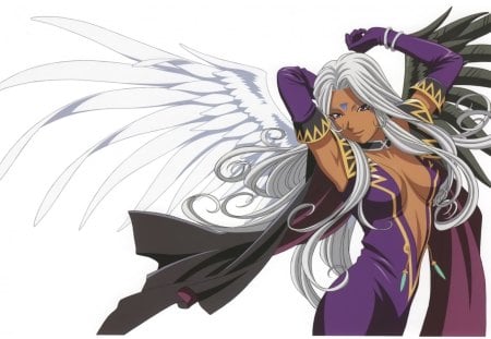 Urd - purple eyes, white hair, anime, ah my goddess, urd, wings, long hair, white background, aah megami sama, gloves, female, angel, cape