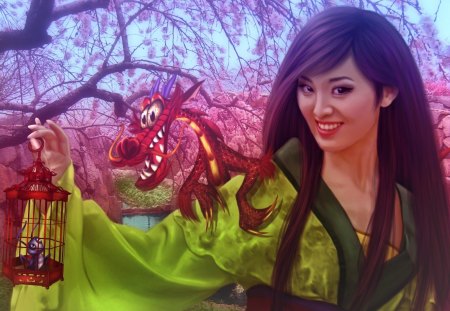 Chinese Girl - red, chinese, dragon, girl, green