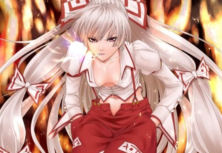 Fujiwara no Mokou - mokou, anime, female, long hair, fujiwara no mokou, white hair, pink eyes, touhou, fire, cigarette, flames, smoking, games, video games, pants