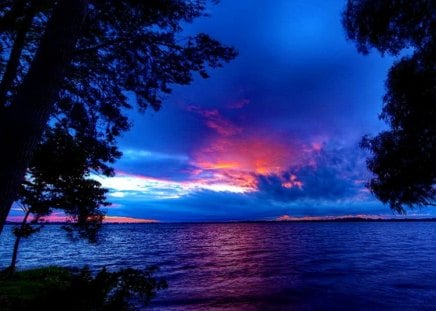 Twilight - summer, sundown, blue, beach, light, reflection, shore, twilight, lake, sky, clouds, trees, water, sea, ocean, river, nature, sunset, dusk