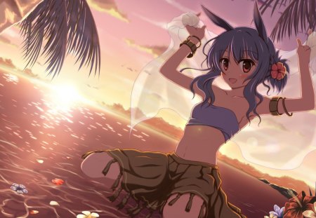 Suee - clouds, anime, beach, suee, girl, flowers, cute, sexy, sky