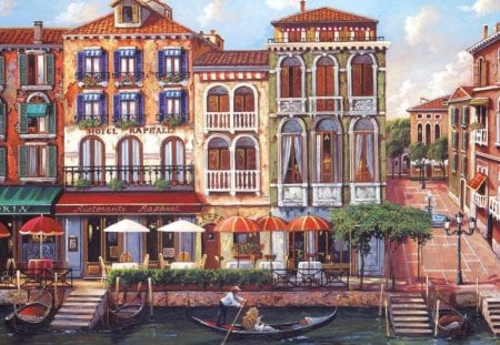 THE HOTEL RAPHAEL - building, artwork, canal, hotel, grandeur, tourism, boat