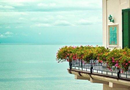 Floral balcony - clouds, house, water, blue, green door, sea, ocean, petals, flowers, railing, door, white, roof, nice, balcony, floral