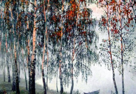 THE TALL TREES - trees, autumn, boat, mist, foggy, lake, seasons, forest