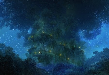 Xenoblade Chronicles - Giant Tree - xenoblade chronicles, night, tree, stars