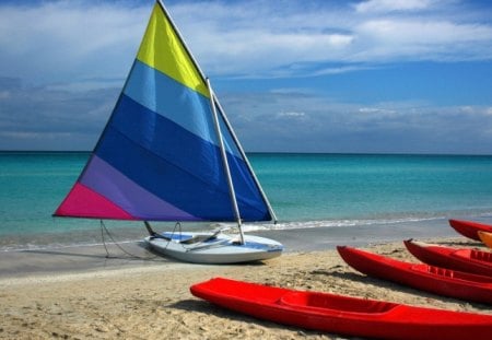 Beach fun - clouds, water, summer, beach, boat, sea, para sailing, sand, sail, sun