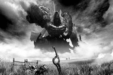 Xenoblade Chronicles - black-and-white - xenoblade chronicles, mechonis, cover, monado